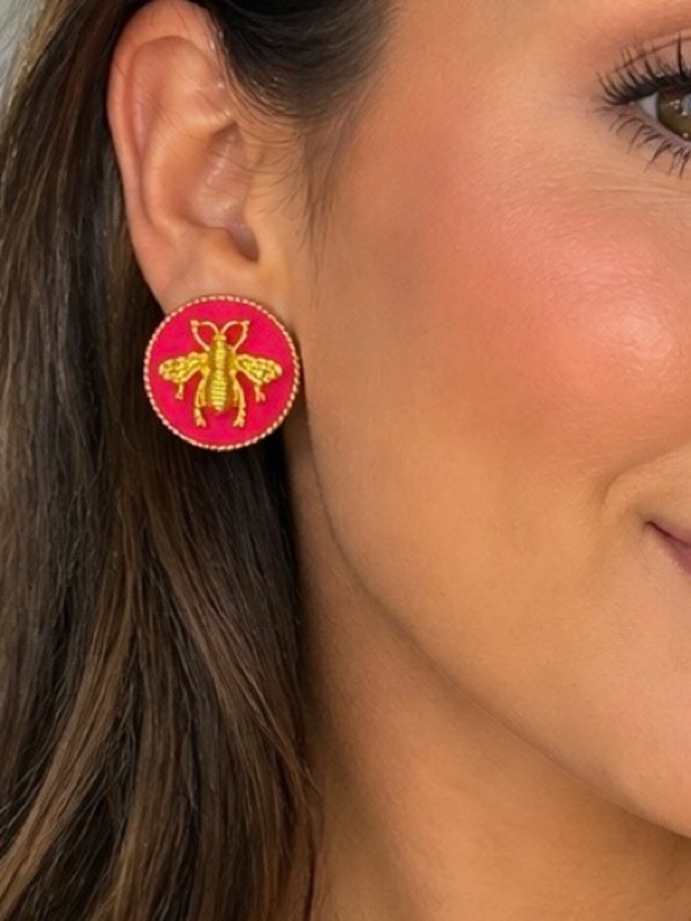 Statement Gold Bee Earrings on Hot Pink Enamel | 1” Round | Bold Vintage Style